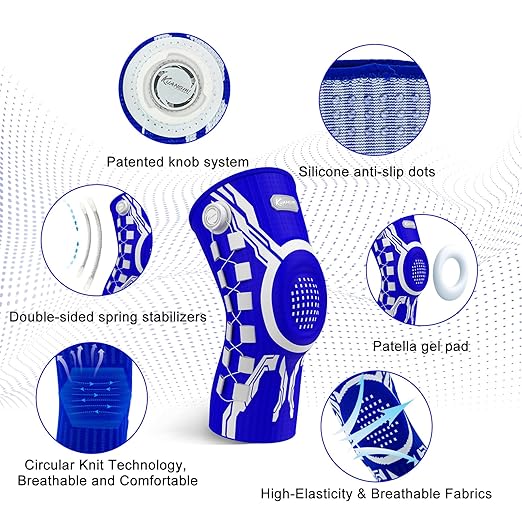 Kuangmi Knob Knee Brace for Pain Relief, Knee Support with Patella Gel Pad & Side Stabilizers, Compression Knee Sleeve for Workout, Arthritis, Joint Pain, Meniscus Tear (Blue White,Right,Medium,Single)