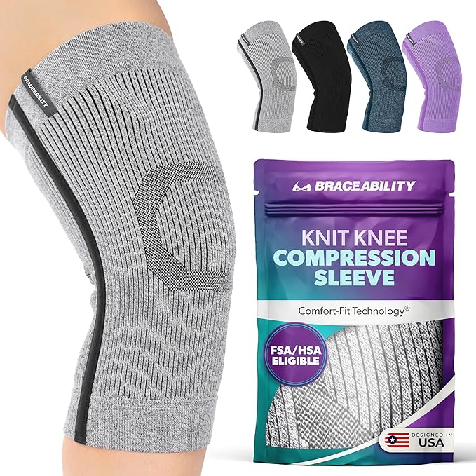 BraceAbility Knee Compression Sleeve - Knit Knee Pain Brace for Men or Women, Arthritis Relief, Meniscus Tear, Running, Workout, Sports, Swelling, Athletic Support for Joint Stability (XL/2XL Gray)