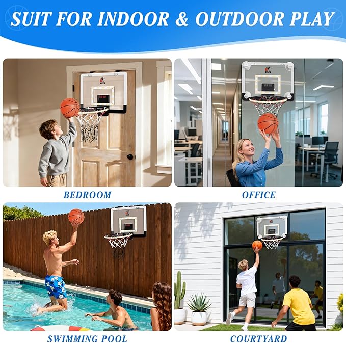 CYFIE Indoor LED Basketball Hoop for Kids，Suction Cup/Over The Door Basketball Hoop with Sturdy Backboard/Electronic Scoreboard/3 Balls，Indoor Mini Basketball Toy Gifts for Kid Teen Boy Girl Youth