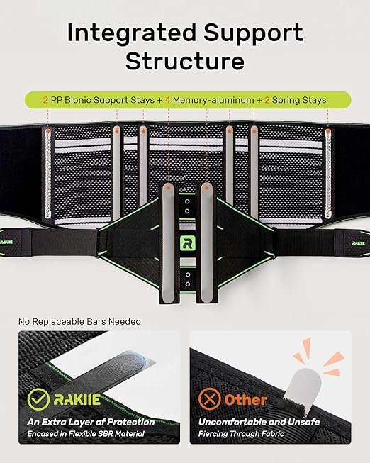 Rakiie Back Brace for Lower Back Pain Relief for Women Men, Elastic Back Support Belt with 8 Stays for Lfting at Work, Breathable Soft Lumbar Support with Removable 3D Compression Pad, Green Size XXL