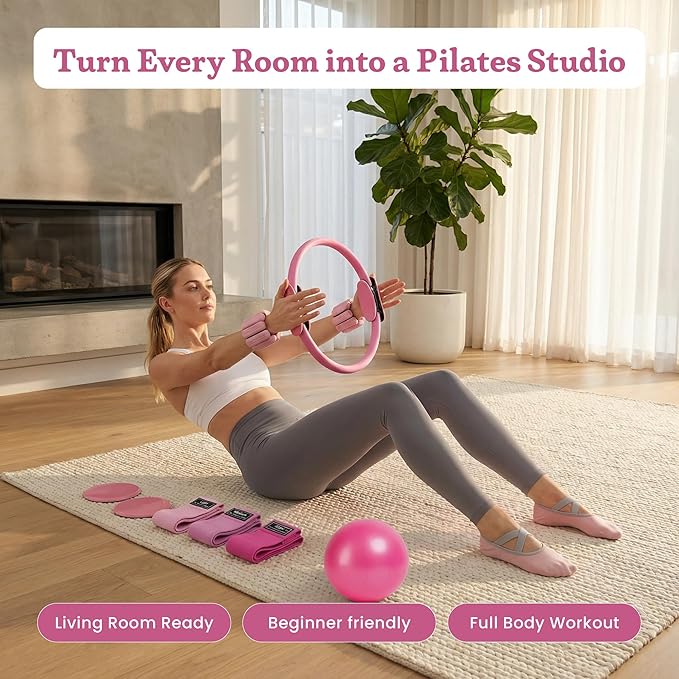 Premium Pilates Kit – 15 inch Pilates Ring and Ball Set w/ 1lbs Ankle Weights, Fabric Resistance Bands, Sliders, Yoga Socks & Gym Bag – Pilates Workout, Home Gym Equipment Accessories