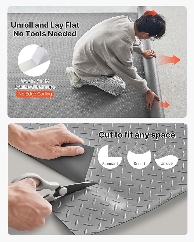 VEVOR Garage Floor Roll, 7.5 x 20 ft Garage Flooring Mat, 2.2 mm Thickened PVC Diamond Plate Floor Protector Mat with Double-Sided Tape, Non-Slip, Easy to Clean for Warehouse, Gyms,Silver Gray
