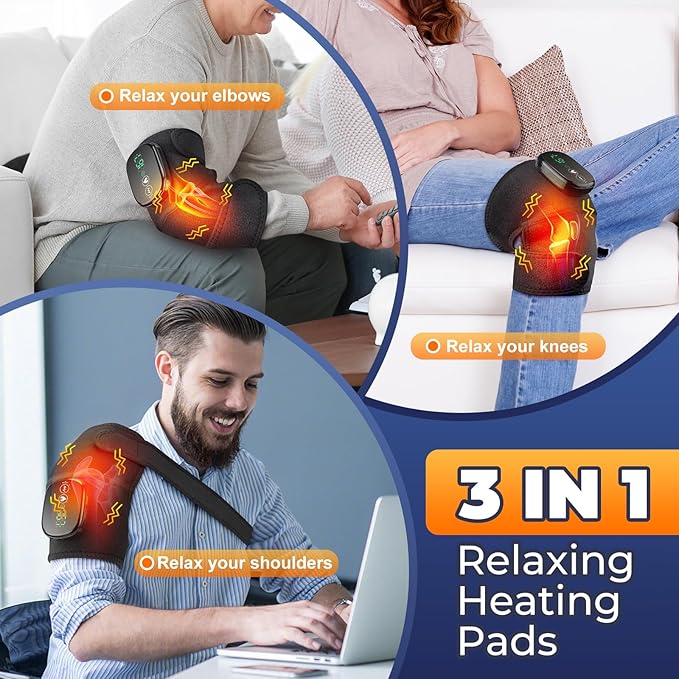 Cordless Electric Heated Knee Massager, 3-in-1 Heated Knee Massager with Heat for Knee Elbow Shoulder Wrap with 3 Vibration & Heating Modes (2 Pack)