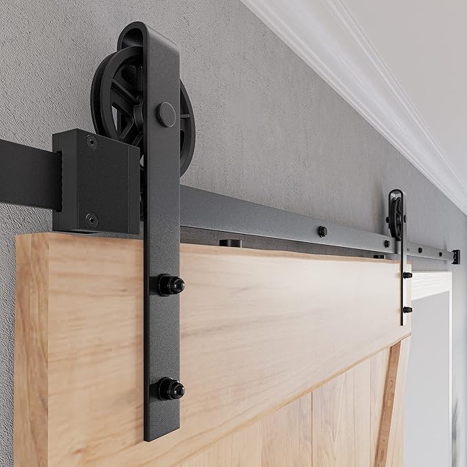 SMARTSTANDARD 9 Feet Heavy Duty Sliding Barn Door Hardware Kit, 4FT - 16FT, Black, Smoothly and Quietly, Simple and Easy to Install, Fit 54" Wide Panel (Industrial Bigwheel Hangers)