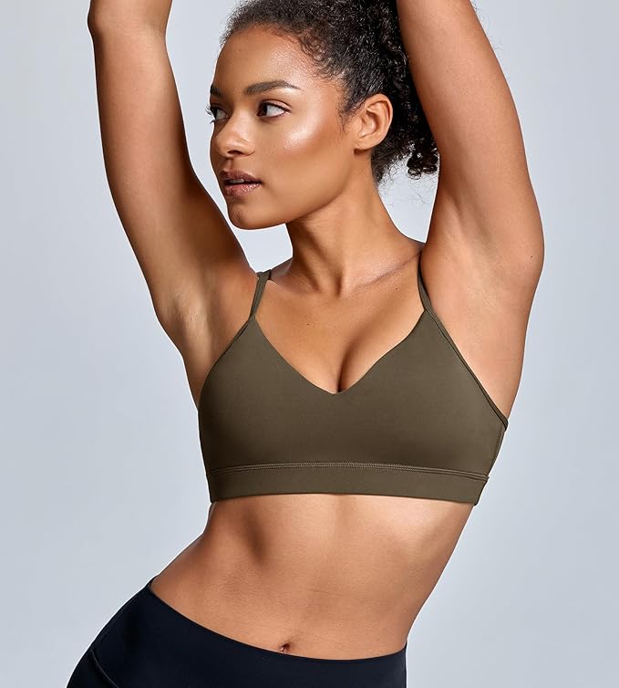 Oalka V Neck Sports Bra for Women Adjustable Padded Thin Straps Wireless Yoga Bras