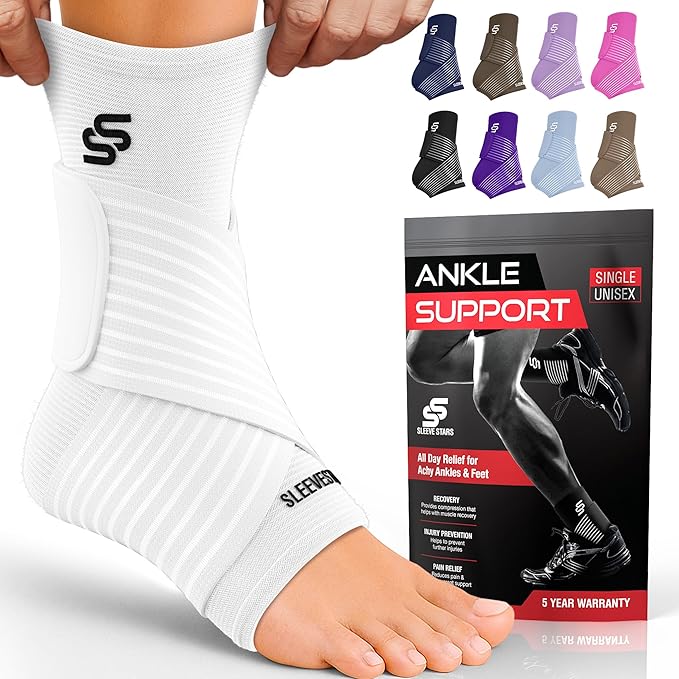Sleeve Stars Ankle Brace for Women & Men, Ankle Wrap for Sprained Ankle, Compression Sleeve for Plantar Fasciitis Relief, Easy Customizable Support: w/Removable Strap (Single/S:9"-10"/White)