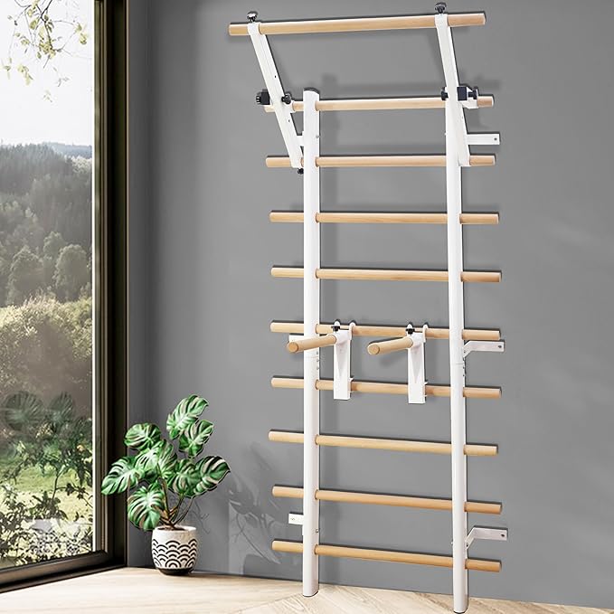 PreGymnastic Stall Bars, Swedish Ladder for Adult and Kids, Wall Bar with Wood Rods, Durable Steel Frame, Adjustable Pull Up and Dip for Strength, Flexibility at Home Gym, Studio