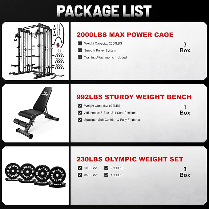 JELENS Smith Machine for Home Gym, Multi-Function M12 Power Cage with Cable Crossover System, Squat Rack with Smith Bar and More Attachment