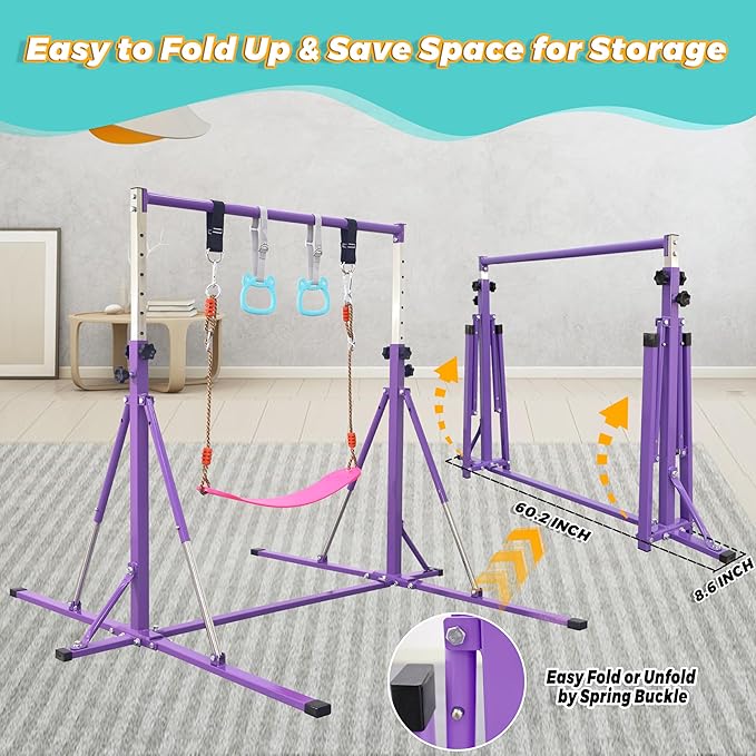 Foldable Gymnastics Bar,5FT Horizontal bar,Adjustable Kids Training bar for Kids Ages 3-15,Kids Gymnastics bar,Triangle Stable Structure-Gym Equipment for Home