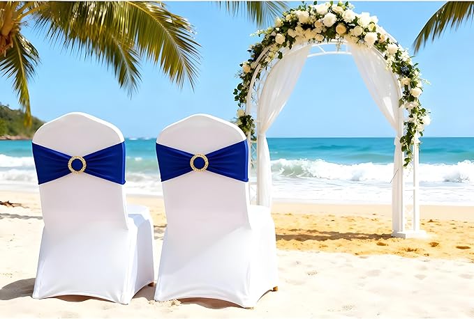 Royal Blue Chair Sashes 50 Pack, Spandex Blue Chair Bows with Gold Buckle for Wedding Decoration, Stretch Blue Chairs Bands for Party Banquet Gender Reveal Décor