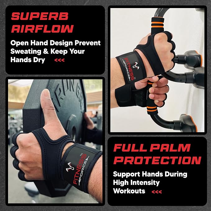 FITNESS FORCE Ventilated Weightlifting Gloves Workout Gloves for Men & Women with Built-in Wrist Wraps Fingerless Gym Gloves for Men Perfect for Exercise Fitness, Weight Lifting, Cross Training