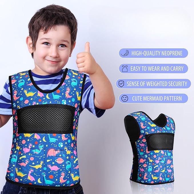Janmercy Weighted Vest for Kids Ages 4 to 7 and Ages 8+ Boy Girl Adjustable Breathable Compression Vest for Processing Issue(Dinosaur,Small,Dark Blue)