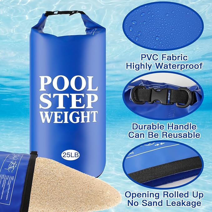 2Pcs Blue Pool Step Weights, 25LB PVC Waterproof Swimming Pool Ladder Weights Sand Bags Foldable Pool Stair Weights for In Ground and Above Ground Pools