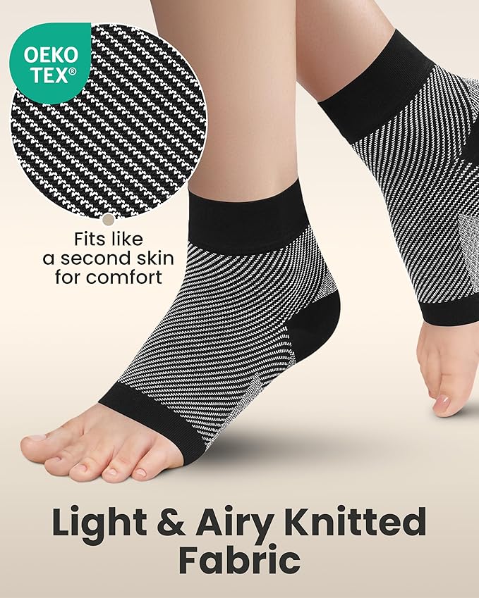 KEMFORD Ankle Compression Sleeve - 1-Pair, Plantar Fasciitis Braces - Open Toe Compression Socks for Swelling, Sprain, Neuropathy, Foot Arch Support for Men and Women - 20-30mmhg, M, Black and White
