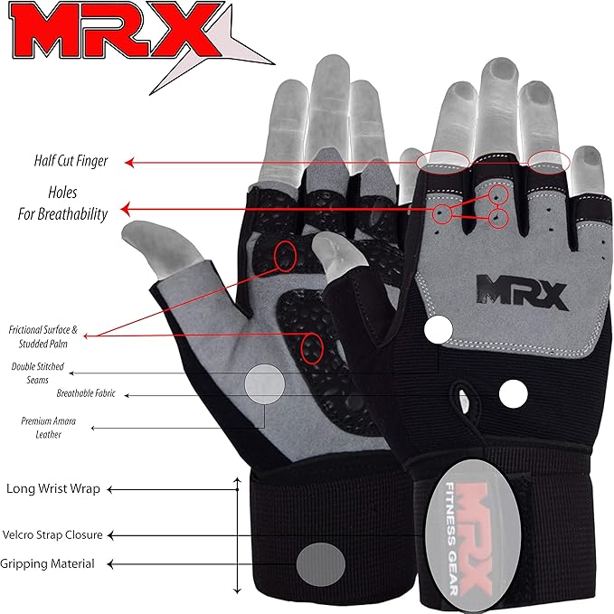 MRX Weight Lifting Pro Level Gloves with 18 Inches Long Wrist Strap Gym Workout Exercise & Fitness in