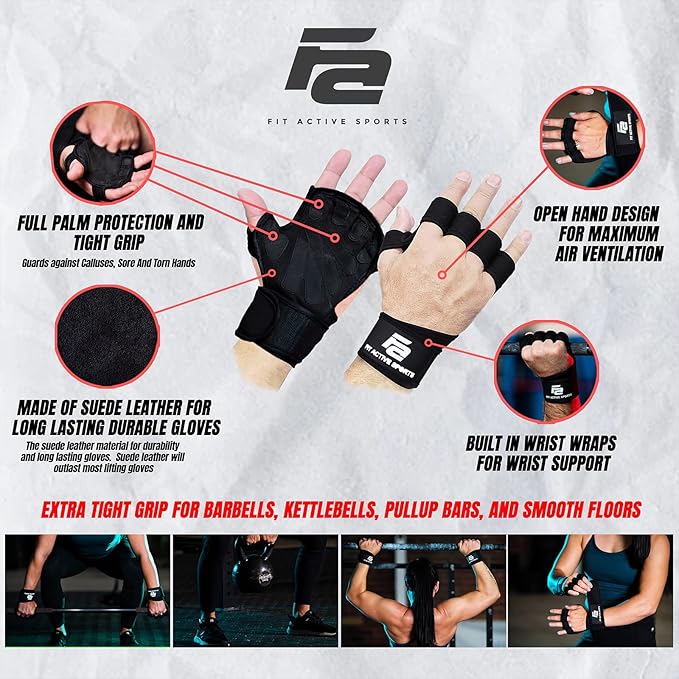 Fit Active Sports New Grip 2.0 Ventilated Weight Lifting Workout Gloves with Wrist Wraps for Gym Exercise, Weightlifting, Pull Ups - for Men & Women