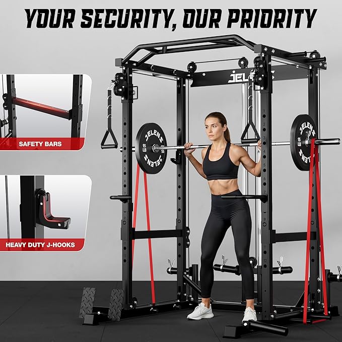 JELENS C12 Squat Rack for Home Gym, 2000LBS Power Rack with Adjustable Pulley System, Power Cage Workout Equipment with LAT Pulldown and Training Attachment