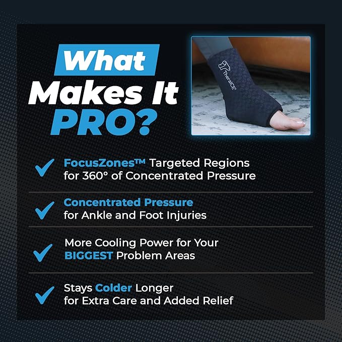 TheraICE Ankle Ice Pack Wrap for Swelling, Sprained Ankle Brace for Women Men, Cold Foot Heel Spur Support Compression Socks, Plantar Fasciitis Achilles Tendonitis Pain Relief FocusZone Extra Cooling