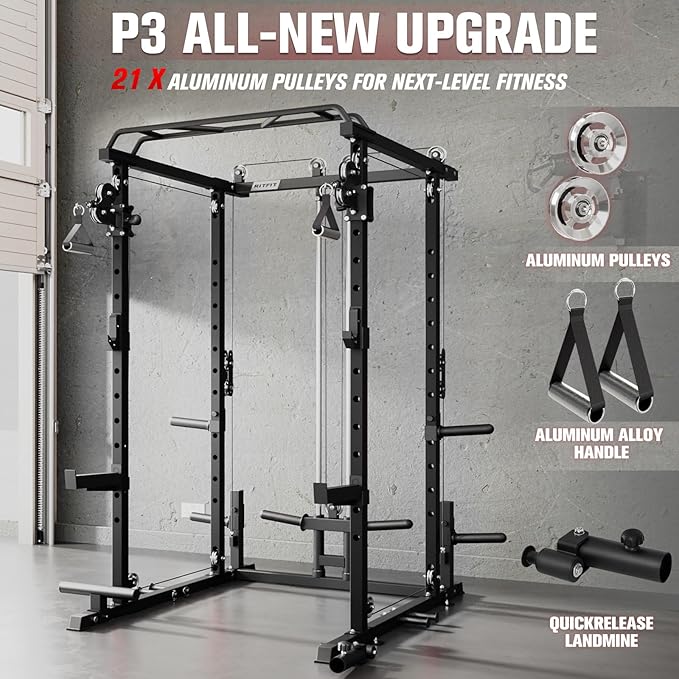 RitFit Multi-Function Garage & Home Gym Package Includes 1200LBS Power Cage PPC03/P3 with Cable Crossover System, Weight Bench, Olympic Barbell Weight Set, Full Body Workout