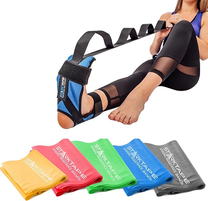 Bundle Resistance Bands Set of 5 & Foot Leg Stretcher for Physical Therapy, Professional Elastic Band. Perfect for Plantar Fasciitis Home Exercise, Workout, Strength Training, Yoga, Pilates, Rehab Leg