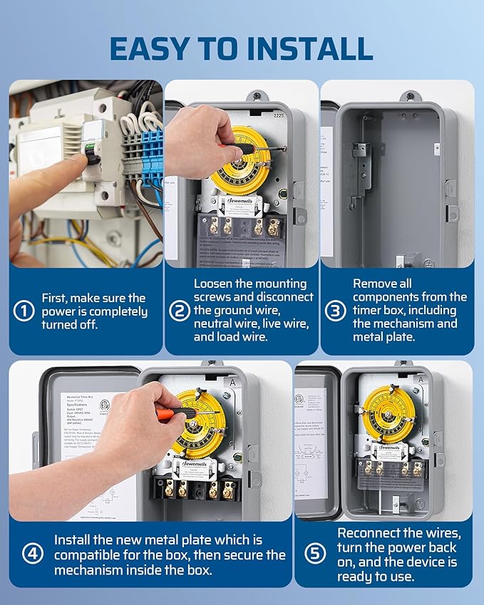 DEWENWILS T104M 24-Hour Mechanical Timer Switch (Mechanism Only), 208-277VAC DPST, 5HP 40A Pool Pump Timer Replacement, Heavy Duty, Manual Override, 2 ON/Off Time Switch for Pool Pump, Water Heater