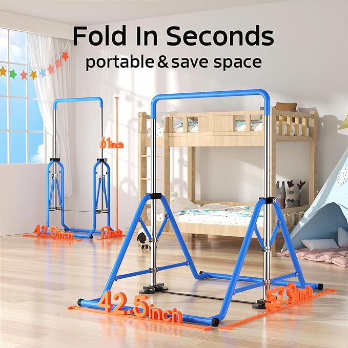 Expandable Kids Gymnastics Kip Bar - Upgraded Dual Base, Folding Adjustable Height 44''-60'', 350LBS Weight Limit, Anti-Slip Suction Feet, Home Training Bar for Kids Ages 3-13 (Blue)