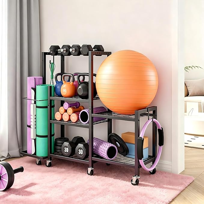 Home Gym Storage Rack 3-Tier Dumbbell Rack with Ball Holder & Side Basket Heavy Duty Vertical Workout Equipment Organizer for Yoga Mats Lockable Wheels