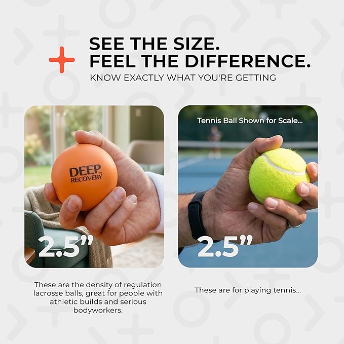 Deep Recovery Sport Yoga Deep Tissue Massage Ball Set, Extra Firm – Lacrosse Ball Size (2.5in) Myofascial Release Balls for Feet, Back, Neck, Legs, & Arms – Trigger Point & Mobility Therapy (2-Pack)