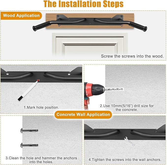 Kipika Heavy Duty Wall Mounted Doorway Pull Up Bar, Multifunctional Chin Up Bar, Portable Fitness Door Bar, Body Workout Home Gym System