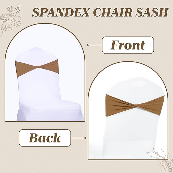 MDS Pack of 100 Spandex Chair Sashes Bows Elastic Stretch Dining Chair Bands Ties Without Slider Buckle Universal fits for Wedding Baby Shower Birthday Party Banquet Event Decoration - Mocha