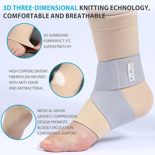 Copper Ankle Brace for Women Men 2 Pack Ankle Compression Sleeve Support for Sprained Ankle, Plantar Fasciitis Relief & Achilles Tendonitis Brace, Sports, Running, Nude, S