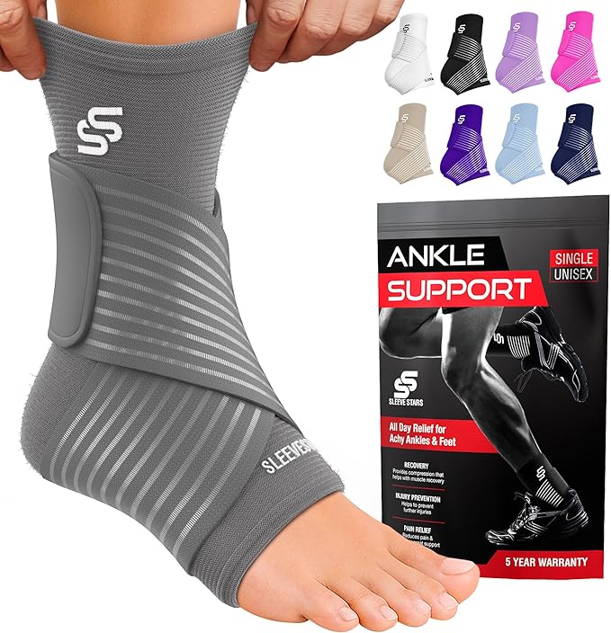 Sleeve Stars Ankle Brace for Women & Men, Ankle Wrap for Sprain, Compression Sleeve for Plantar Fasciitis Relief, Easy Customizable Support: w/ Removable Strap (Single/M:10"-12"/Grey)