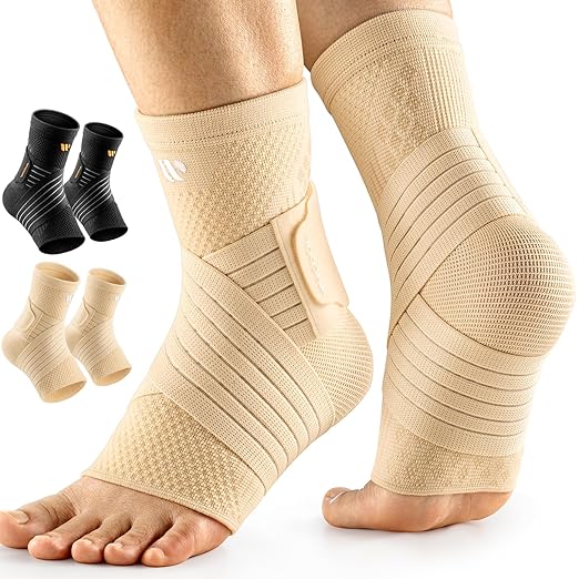 Low-Profile Ankle Braces for Women & Men, Customizable Ankle Compression Sleeve w/Wide Strap, Foot Support Wrap for Plantar Fasciitis Pain Relief, Achilles Tendonitis, Sprain, Beige, 1 Pair, L