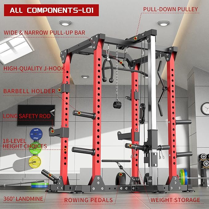 Multi-Purpose Squat Rack,Smith Machine Weight Rack Set with Cable Crossover System, Home Gym Power Racks, Power Racks and Packages