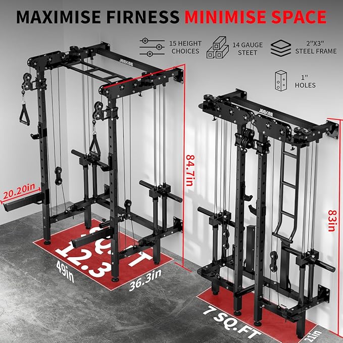 JEEKEE Folding Wall Mounted Power Rack with 180LB Weight Stack, 2400LB 2×3 Heavy Duty Squat Rack, Dual Cable Crossover System 1:1 Ratio, Functional Trainer for Home Gym Small Space,Black