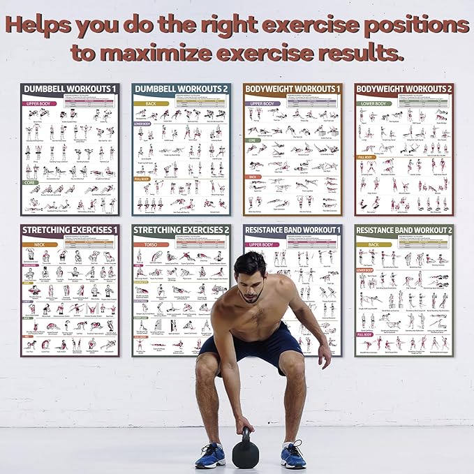 gisgfim 12PCS Workout Posters for Home Gym Dumbbells, Bodyweight, Stretching, Kettlebells, Yoga, Resistance Bands Exercise Chart Muscle Engagement Chart Full Body Workout Poster Set Garage Gym Decor