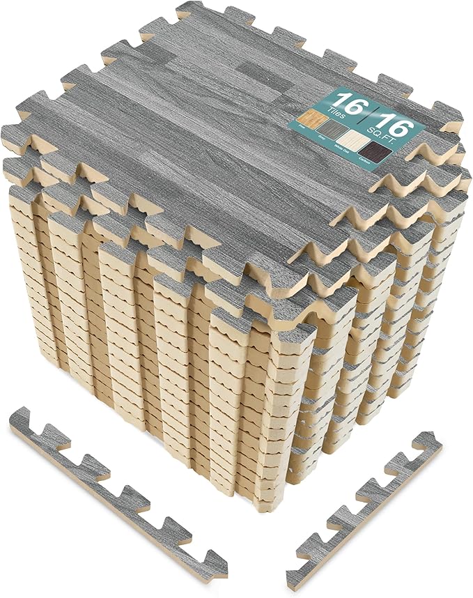 Sorbus Wood Floor Mats Foam Interlocking Mats Each Tile 1 Square Foot 3/8-Inch Thick Puzzle Wood Tiles with Borders – for Home Office Playroom Basement (16 Tiles 16 Sq ft, Wood Grain - Gray)