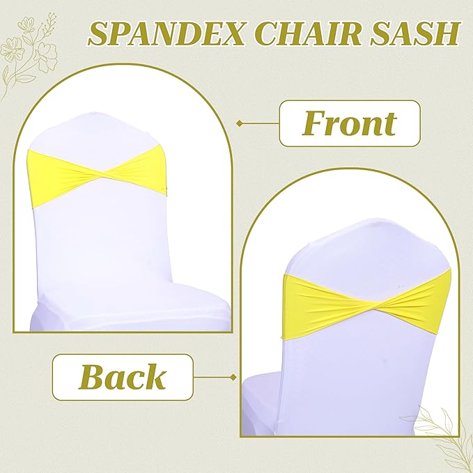 MDS Pack of 150 Spandex Chair Sashes Bows Elastic Stretch Dining Chair Bands Ties Without Slider Buckle Universal fits for Wedding Baby Shower Birthday Party Banquet Event Decoration - Yellow