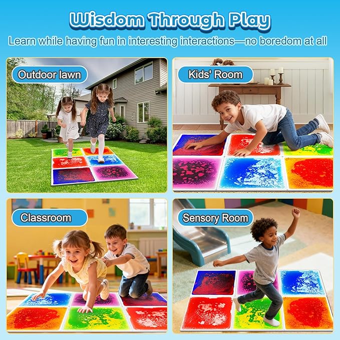 Toddler Sensory Liquid Floor Mats - 6-Piece Liquid Play Mat Pack, 12" x 12" Square Sensory Puzzle Mats for Autism, Lava Brick Dance Step Mats, Montessori Gross Motion Toys for Preschool Classrooms
