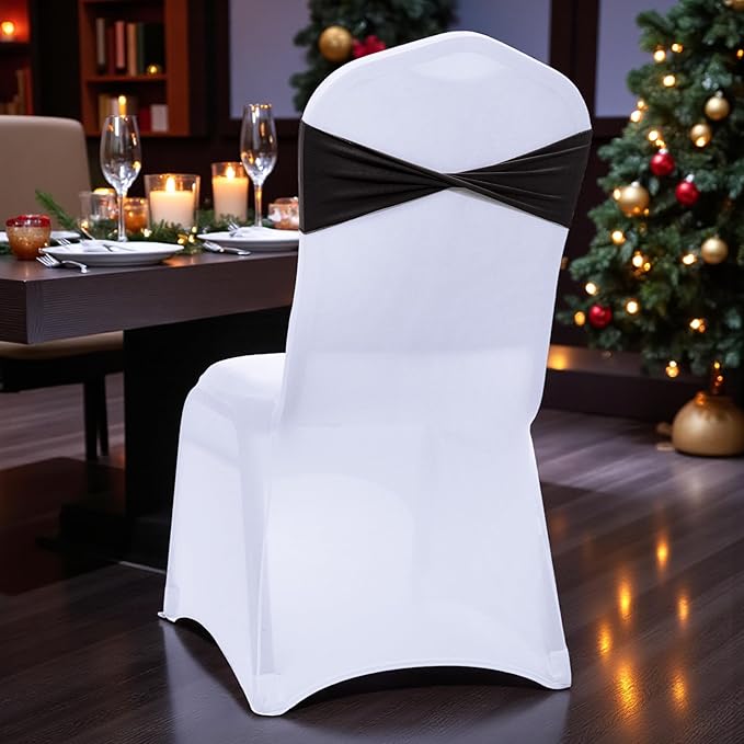 MDS Pack of 75 Spandex Chair Sashes Bows Elastic Stretch Dining Chair Bands Ties Without Slider Buckle Universal fits for Wedding Baby Shower Birthday Party Banquet Event Decoration - Black