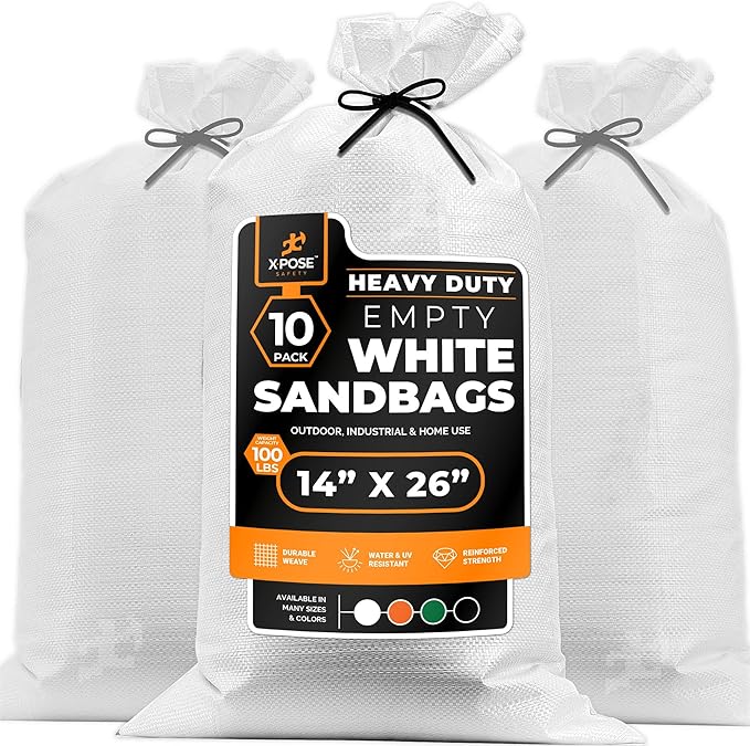 Xpose Safety Heavy Duty Sand Bags with Tie Strings – Empty Woven Polypropylene Sandbags for Hurricane Flood Protection, 100 lb Capacity, 14" x 26", White, Pack of 10