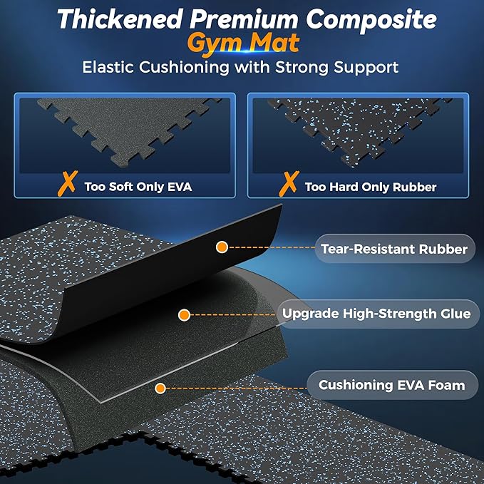 SUPERJARE 1" Extra-Thick Rubber Top Exercise Mat, Puzzle Gym Flooring for Home Gym, Gym Mat for Workout Equipment, Interlocking Floor Tiles with EVA Foam, 18 Pcs 72 Sq Ft, Black/Blue