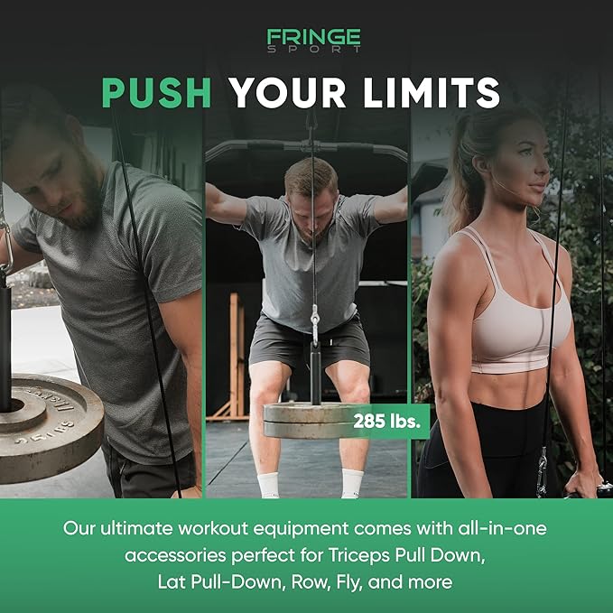 FringeSport LAT and Lift Portable Cable Pulley Training System | 285 lbs Capacity LAT Pulldown Machine with Attachments | Wide and Loose Grip Pulley System Gym at Home | Cable Machine Gym Equipment