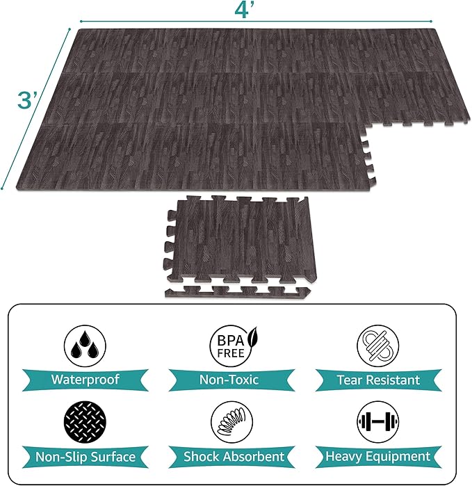 Sorbus Wood Grain Floor Mats Foam Interlocking Mats Each Tile 1 Square Foot 3/8-Inch Thick Flooring Mat Tiles - Home Office Playroom Basement Trade Show (16 Tiles,16 Sq ft, Wood Grain - Carbon)