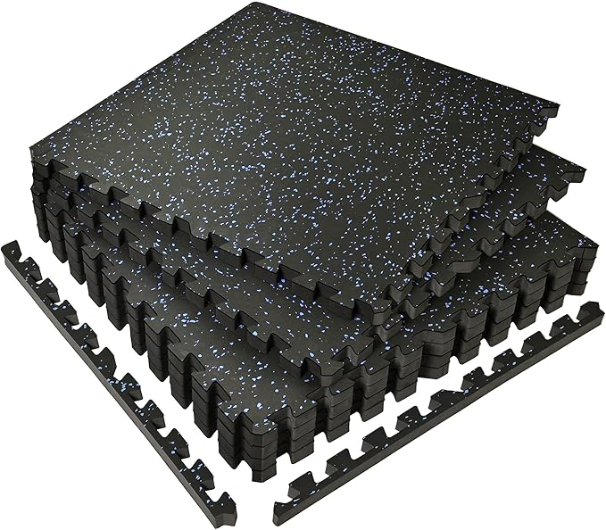 SUPERJARE 0.56'' Thick 6 Pcs 24 Sq Ft Rubber Top Exercise Equipment Mats, High Density EVA Foam Mats with Rubber Top, Interlocking Gym Flooring for Home Gym, Protective Workout Mat, Black/Blue