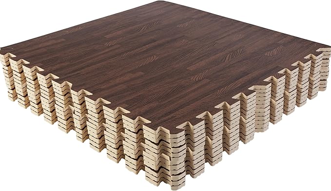 EVA Foam Floor Tiles 12-Pack - 48 SQFT Woodgrain Puzzle Mats for Floor - Interlocking Foam Tiles for Family Room or Gym Flooring by Stalwart (Dark)