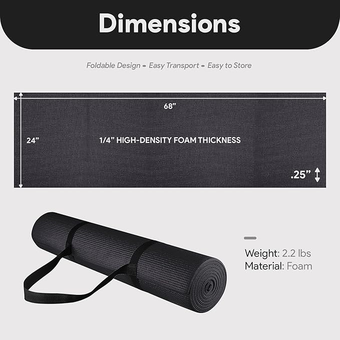Fitvids All Purpose 1/4-Inch High Density Anti-Tear Exercise Yoga Mat with Carrying Strap, Multiple Colors