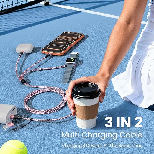 Travel Essentials & Car Accessories, 3 in 2 Multi Charging Cable USB C Multiple Travel Charger, USB A/C to USB C/iWatch Charger/IP, for iWatch Series/Ultra/SE& iPhone 17-8/Galaxy S26/25/Note/iPad-5FT