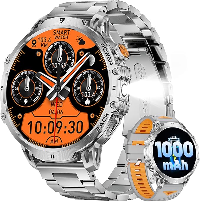 LIGE Military Smart Watches for Men(2 Bands),1000mAh/1.85" HD Large Screen Smartwatch, Flashlight/110+ Sports Modes/IP68 Waterproof/Sleep Monitor, Fitness Tracker Watch for iOS Android,Silver