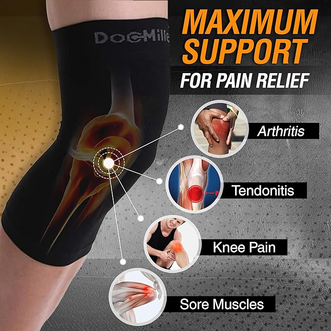 Doc Miller Knee Compression Sleeve Brace for Men & Women (Pair) Best Support for Workout Running ACL Arthritis Pain Relief